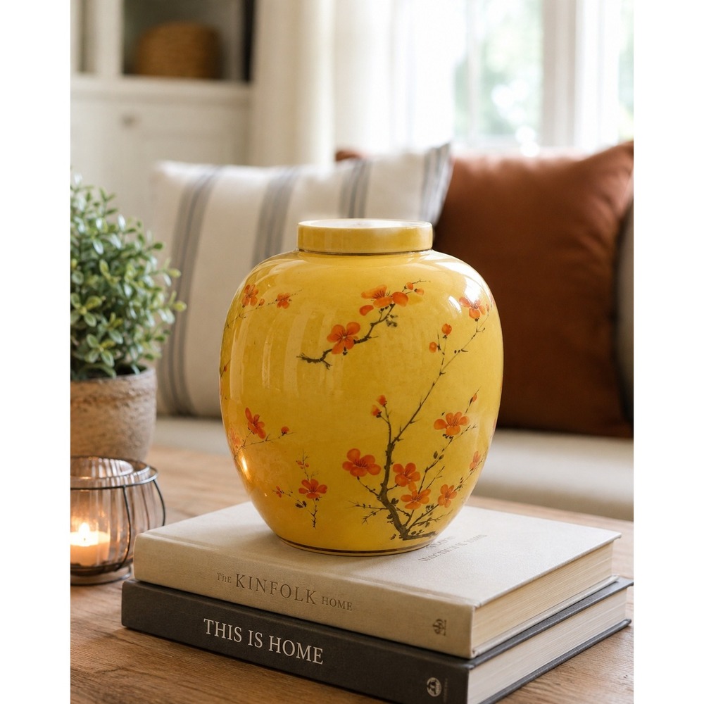 Vintage Hyalyn USA Ginger Jar Asian Floral Vase Blossom Chinoiserie Pottery Jar